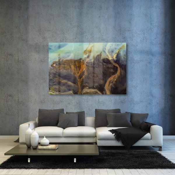 Tributary reaches glacial river, fine art acrylic artwork