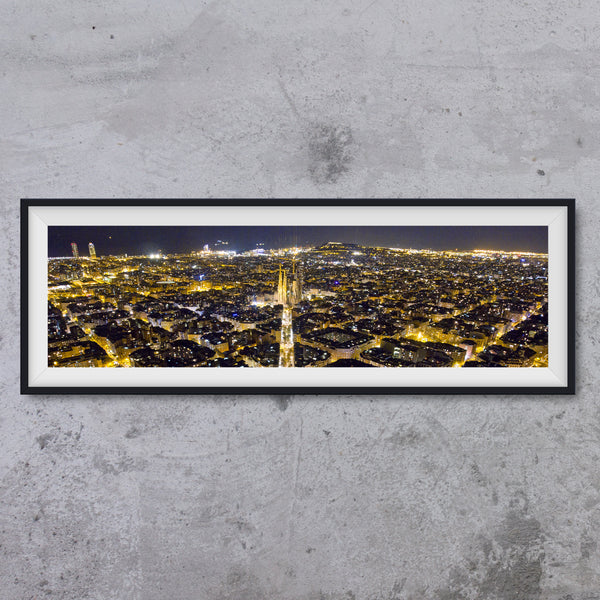 Barcelona by night on wide panorama- photo art print