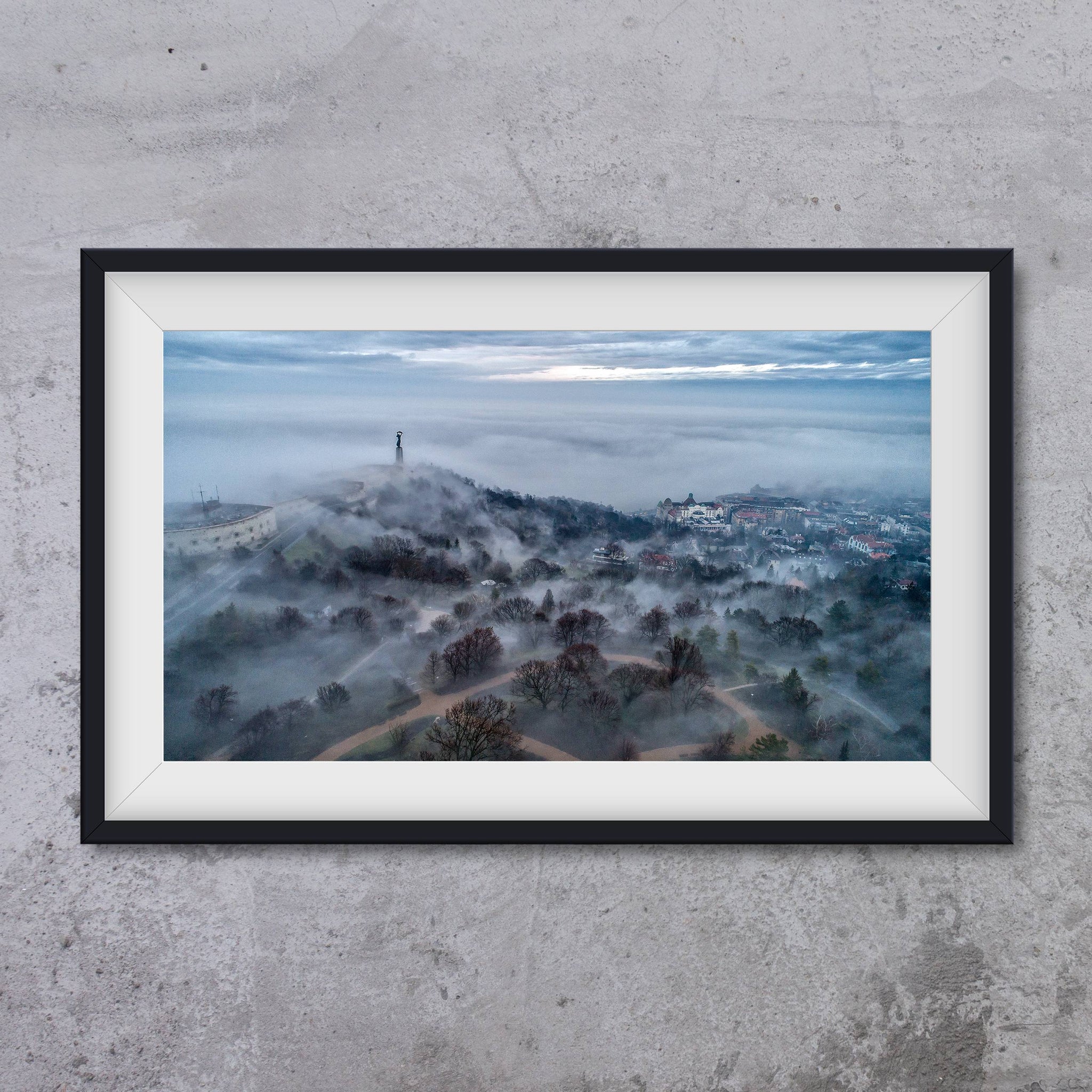Gellert Hill in foggy morrning with Hotel Gellert in background, photo art print